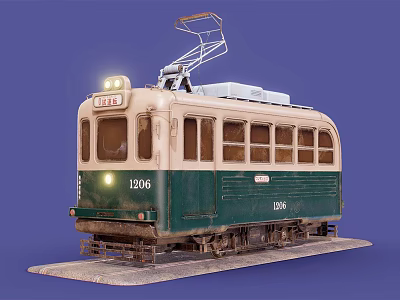 Vintage Green And White Tram With Number 1206 Headlights On And Pantograph 3d model