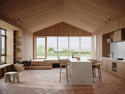 Modern Open Concept Living Dining Room With Wooden Ceiling And Large Windows 3d model