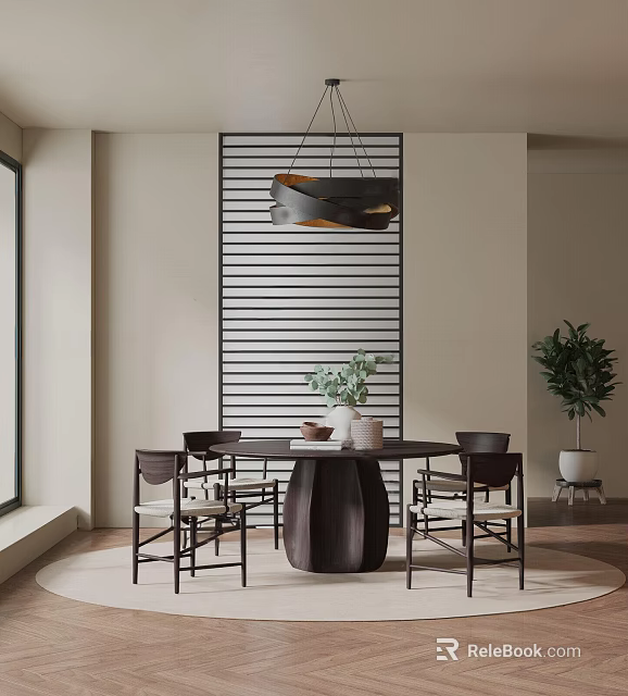 Modern Restaurant Interior With Round Dining Table Four Chairs Chandelier Vertical Striped Partition Green Plants 3d model 