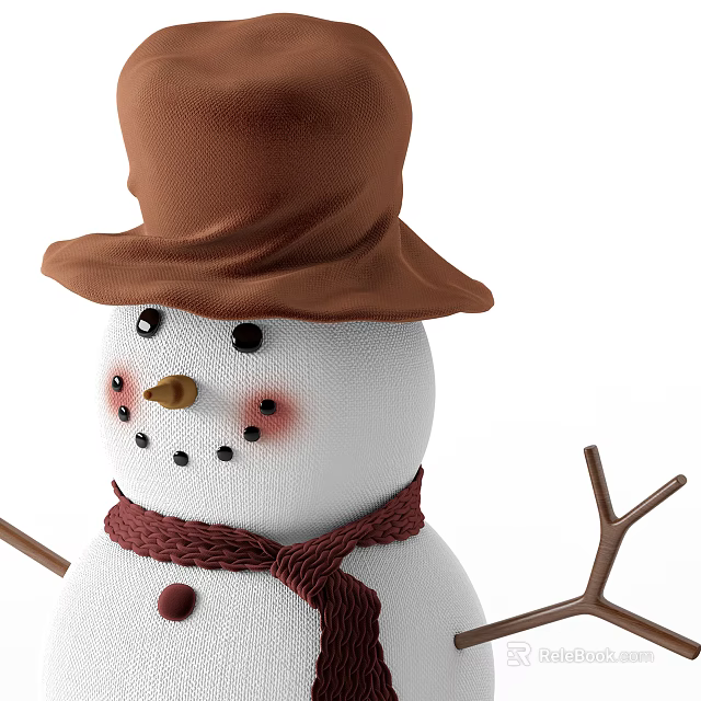 Snowman With Brown Hat Red Scarf Stick Arms And White Body Design 3d model 