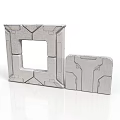 Gray Modular Construction Components With Geometric Patterns And Square Openings
