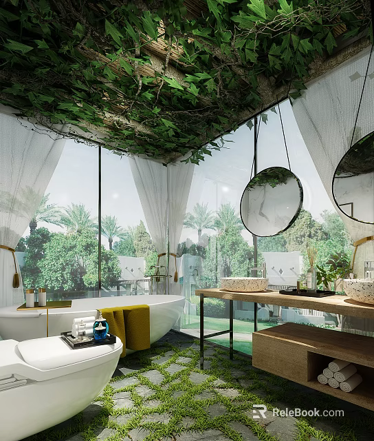 Hotel Bathroom Interior With Greenery Covered Ceiling Large Windows Round Mirrors Bathtub And Wooden Vanity 3d model 