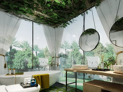 Hotel Bathroom Interior With Greenery Covered Ceiling Large Windows Round Mirrors Bathtub And Wooden Vanity 3d model
