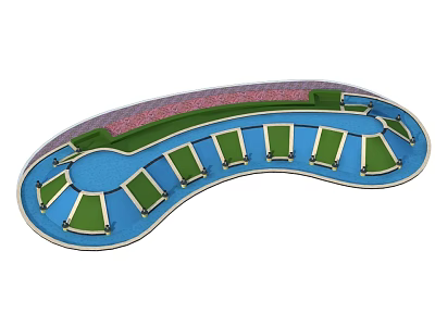 Garden Feature with Curved Layout Green Seats Blue Surface and Landscaped Areas 3d model