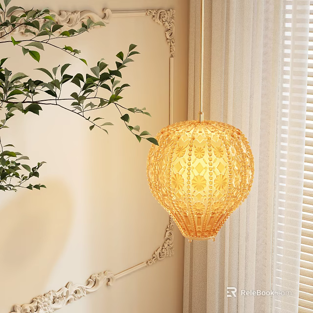 Woven Pendant Light Hanging Near Green Leafy Plant White Blinds and Decorative Wall 3d model 
