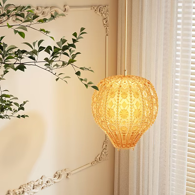 Woven Pendant Light Hanging Near Green Leafy Plant White Blinds and Decorative Wall 3d model