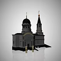 Elegant European Architecture With Twin Towers Black Dome Golden Crosses Arched Doorway And Ornate Windows