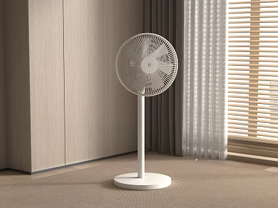 White Standing Air Cooler Fan in Modern Room with Light Cabinet Curtain and Carpet 3d model