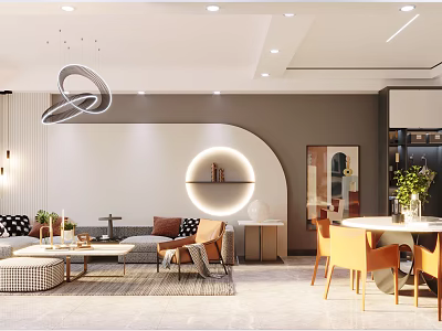 Modern Living and Dining Room Interior With Circular Decorative Wall Sofa Dining Table And Green Plants 3d model