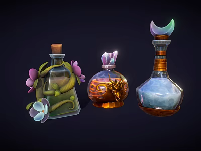 Decorative Magic Bottles With Floral Accents And Unique Glass Designs 3d model