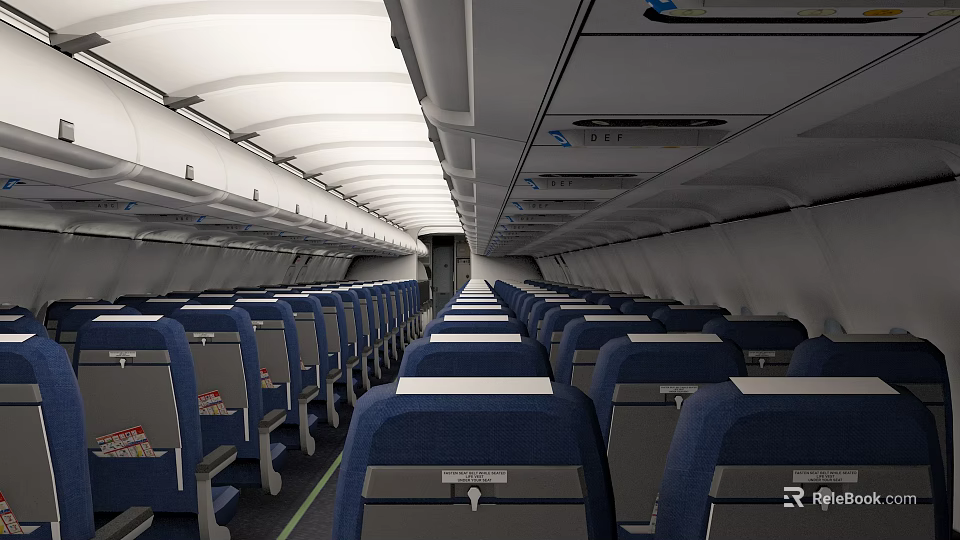 Airplane Cabin Interior With Blue Passenger Seats Overhead Compartments And Lighting 3d model 