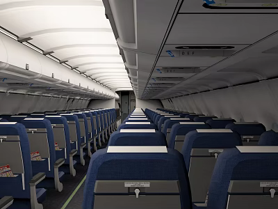 Airplane Cabin Interior With Blue Passenger Seats Overhead Compartments And Lighting 3d model