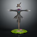 Scarecrow in Formal Attire with Top Hat and Cigar on Green Grass with Pink Flowers