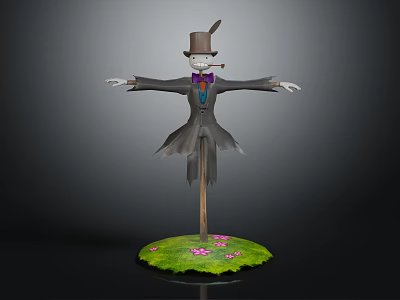 Scarecrow in Formal Attire with Top Hat and Cigar on Green Grass with Pink Flowers 3d model