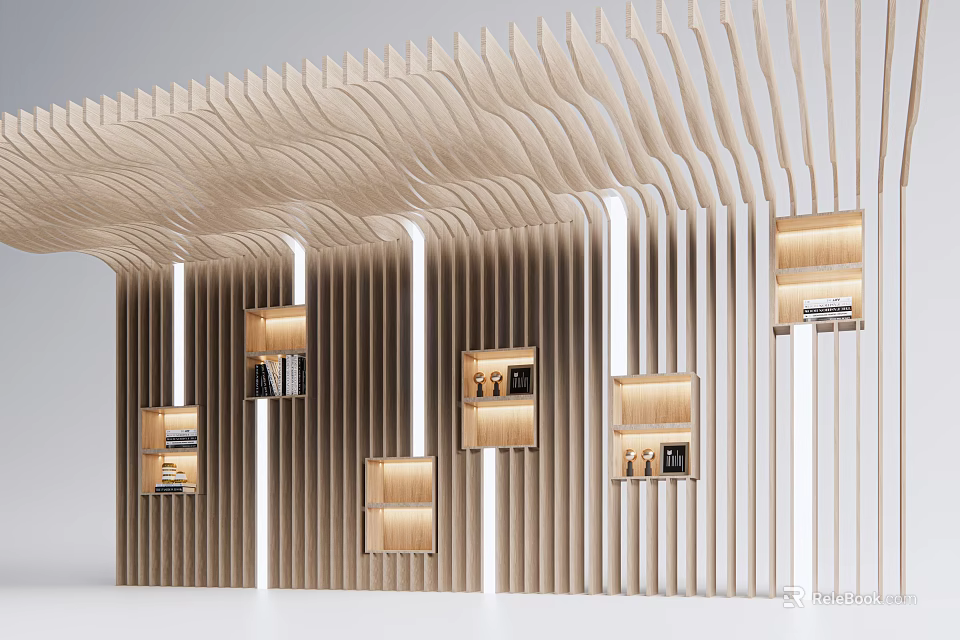 Modern Wooden Wavy Partition Design With Display Shelves And White Columns 3d model 