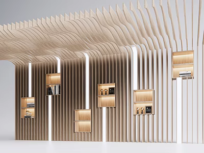 Modern Wooden Wavy Partition Design With Display Shelves And White Columns 3d model