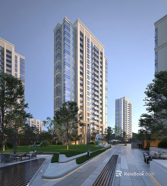 Modern High Rise Residential Buildings with Lush Greenery and Trees in Community Surroundings 3d model 