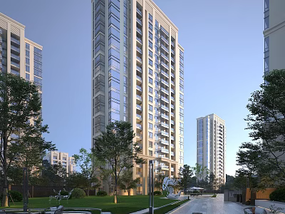 Modern High Rise Residential Buildings with Lush Greenery and Trees in Community Surroundings 3d model