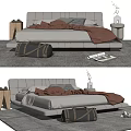 Modern Double Bed Interior With Gray Frame Red Blanket Pillows Wooden Nightstand And Magazines