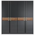 Modern Sleek Dark Wardrobe With Wooden Accents Metal Handles And Vertical Stripes