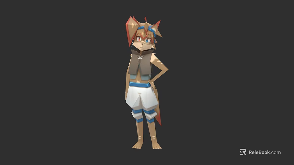Low Poly Game Movie Character with Brown Hair Animal Ears Dark Top White Shorts 3d model 