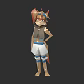 Low Poly Game Movie Character with Brown Hair Animal Ears Dark Top White Shorts