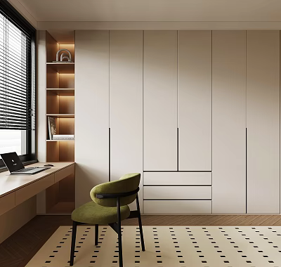 Modern Home Office Interior With White Cabinets Green Chair And Wooden Desk 3d model