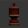 Red Prayer Wheel With Gold Decorative Bands Top Finial Cylindrical Body And Base