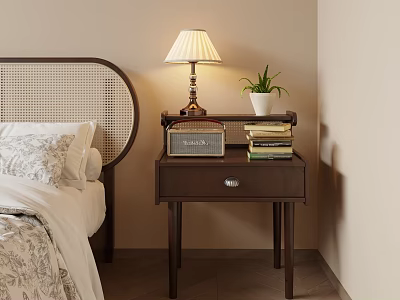 Cozy Bedroom Bedside Table With Table Lamp Radio Potted Plant And Books 3d model