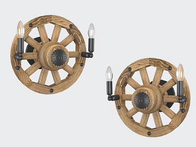 Wooden Wheel Shaped Wall Sconces Vintage Style With Two Bulbs For Home Decor 3d model