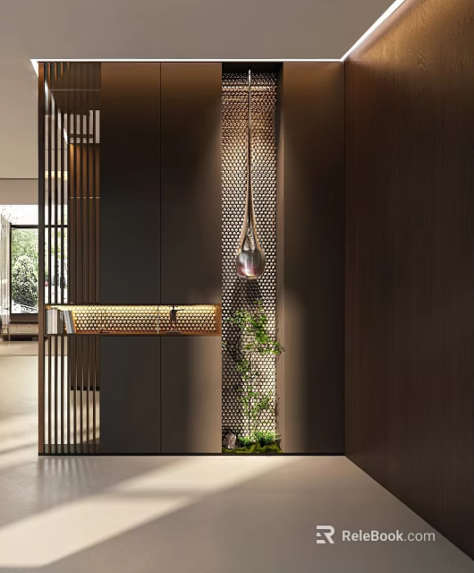 Modern Foyer Hallway With Dark Cabinets Metal Grille And Greenery 3d model 
