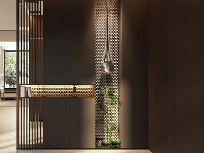 Modern Foyer Hallway With Dark Cabinets Metal Grille And Greenery 3d model