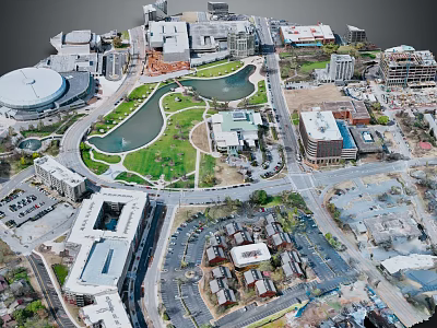 Detailed Aerial Planning of Urban Area with Buildings Green Spaces Roads and Water Features 3d model