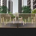 Modern Metal Entrance Gate With Vertical Slats High Rise Buildings And Green Plants