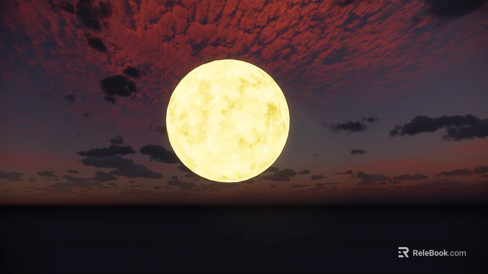 Garden Ornaments Illuminated by Large Yellow Full Moon Over Red Purple Sky and Horizon 3d model 
