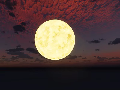 Garden Ornaments Illuminated by Large Yellow Full Moon Over Red Purple Sky and Horizon 3d model