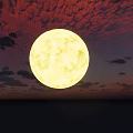 Garden Ornaments Illuminated by Large Yellow Full Moon Over Red Purple Sky and Horizon