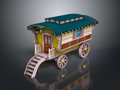 Vintage Carriage House With Green Roof Yellow Brown Body And White Spoked Wheels 3d model