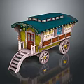 Vintage Carriage House With Green Roof Yellow Brown Body And White Spoked Wheels