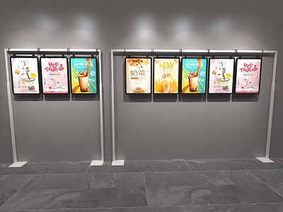 Colorful Food Posters On Metal Display Racks In Indoor Retail Space 3d model