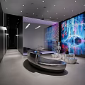 Modern Exhibition Hall With Curved Design Large Screen Seating And Ambient Lighting