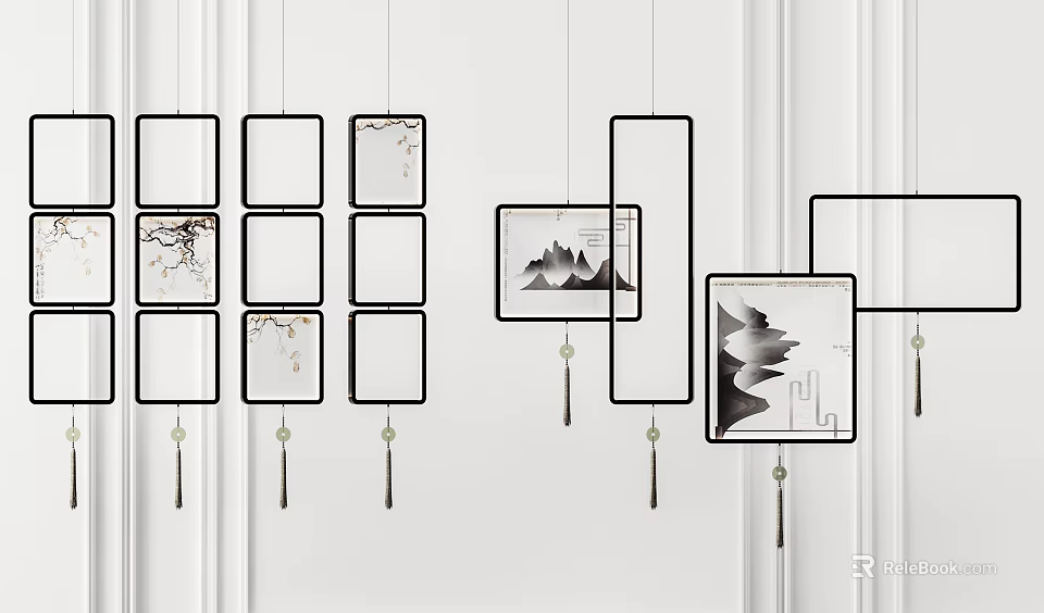Hanging Decorative Lights With Geometric Frames And Artistic Patterns On White Wall 3d model
