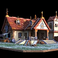 Cartoon Village Scene With Red Roof Windmill Grass Lawn Steps And Tables