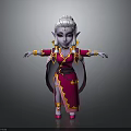 Elven Fantasy Character with White Hair Purple Skin in Red Gold Robe Standing Arms Outstretched