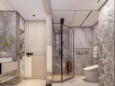 Modern Light Luxury Bathroom With Marble Tiles Dry Wet Separation And Smart Toilet Interior Design 3d model