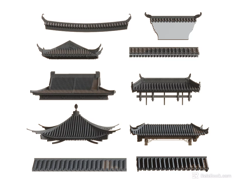 Traditional Chinese Architectural Roof Components With Classical Eave Styles And Tile Structures 3d model 