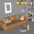 Modern Living Room Interior Design With Orange Leather Sofa Abstract Wall Art And Gold Chandelier