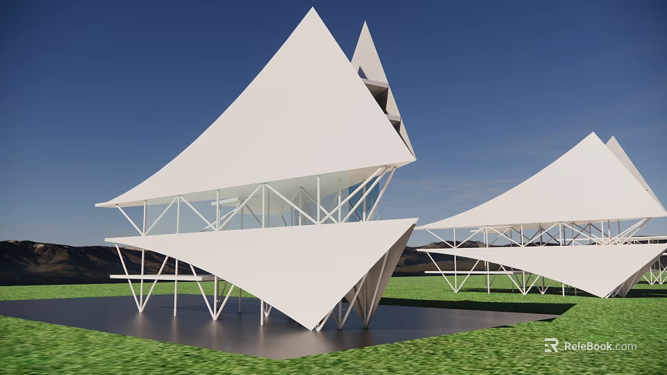 Modern White Museum Building With Triangular Roofs Metal Frame And Green Grass 3d model 