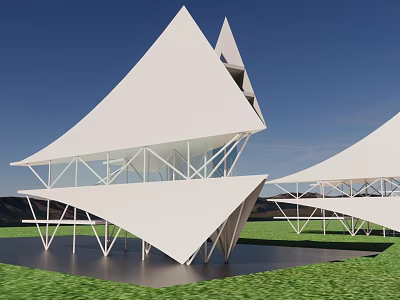 Modern White Museum Building With Triangular Roofs Metal Frame And Green Grass 3d model