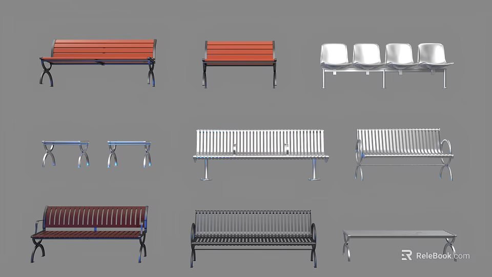 Various Public Chairs Featuring Different Colors And Metal Frame Designs 3d model